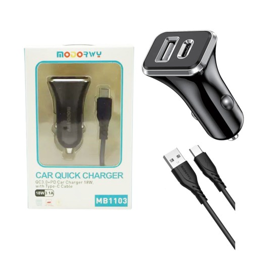 Modorwy QC3,0+PD Car Charger MA1103 with Type C cable 5V 2.4A 18W Black